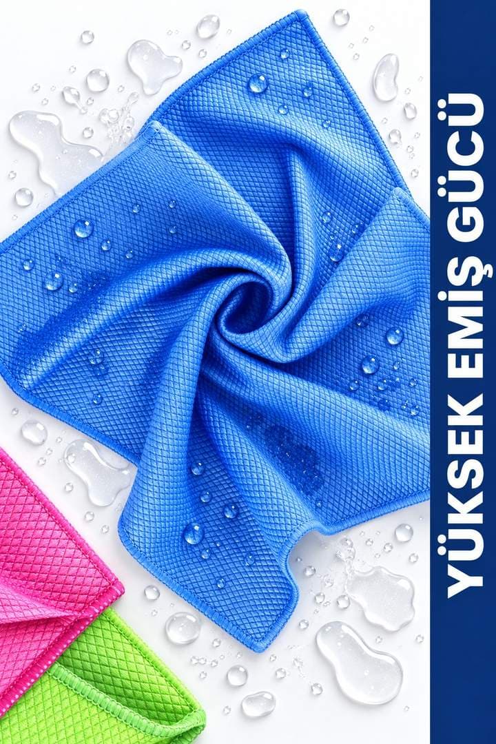 Su damlaları üzerindeki mavi, pembe ve yeşil yüksek emiş gücüne sahip mikrofiber bezler